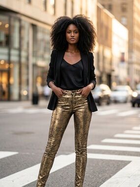 ELSE Metallic Marble-Print Skinny Jeans in gold and Black Sz 26